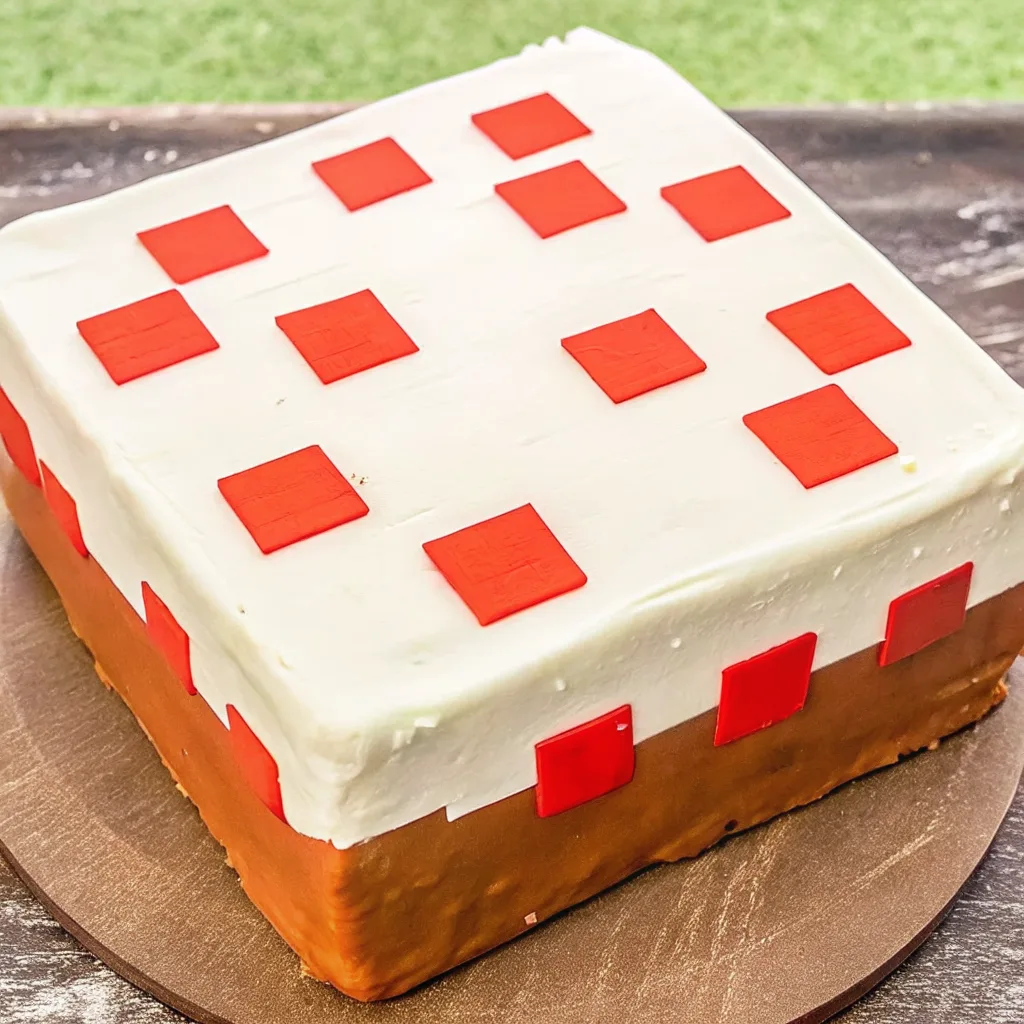 Minecraft Cake styled to look like the in-game cake block with white frosting and red fondant squares.