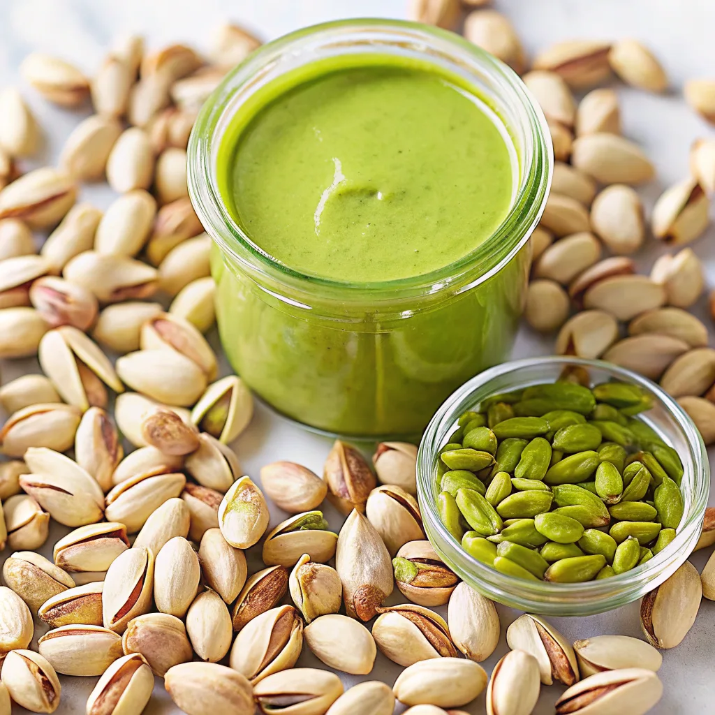 Homemade pistachio butter in jar with roasted pistachios